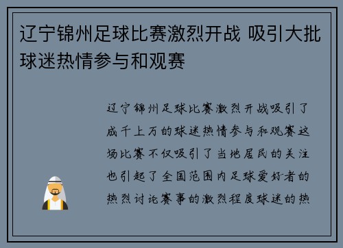 辽宁锦州足球比赛激烈开战 吸引大批球迷热情参与和观赛