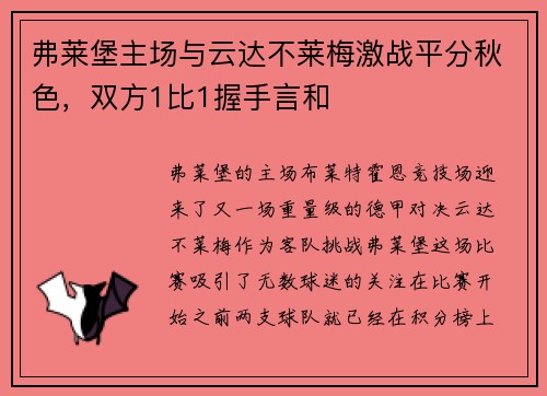 弗莱堡主场与云达不莱梅激战平分秋色，双方1比1握手言和