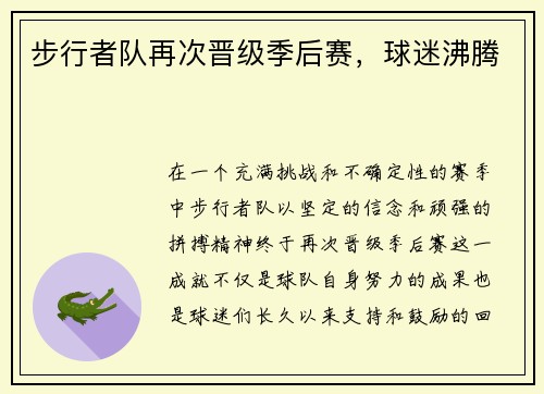 步行者队再次晋级季后赛，球迷沸腾