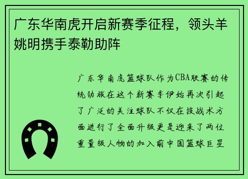 广东华南虎开启新赛季征程，领头羊姚明携手泰勒助阵