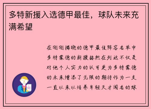 多特新援入选德甲最佳，球队未来充满希望