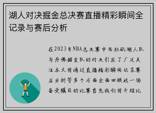 湖人对决掘金总决赛直播精彩瞬间全记录与赛后分析