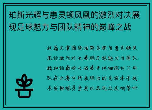 珀斯光辉与惠灵顿凤凰的激烈对决展现足球魅力与团队精神的巅峰之战