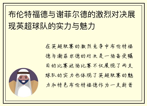 布伦特福德与谢菲尔德的激烈对决展现英超球队的实力与魅力