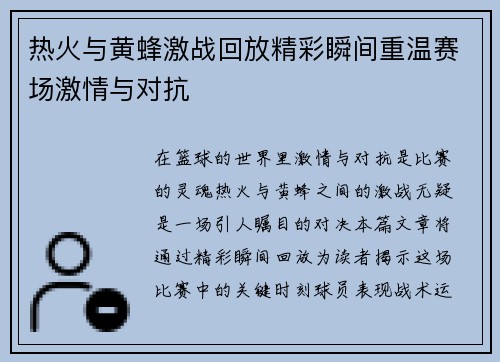 热火与黄蜂激战回放精彩瞬间重温赛场激情与对抗
