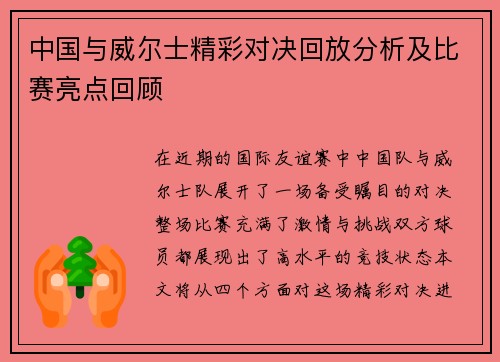 中国与威尔士精彩对决回放分析及比赛亮点回顾