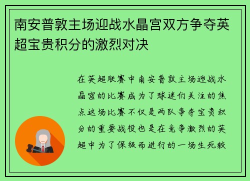 南安普敦主场迎战水晶宫双方争夺英超宝贵积分的激烈对决