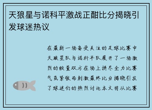 天狼星与诺科平激战正酣比分揭晓引发球迷热议