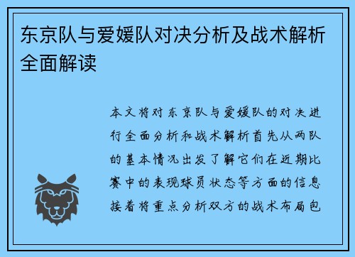 东京队与爱媛队对决分析及战术解析全面解读