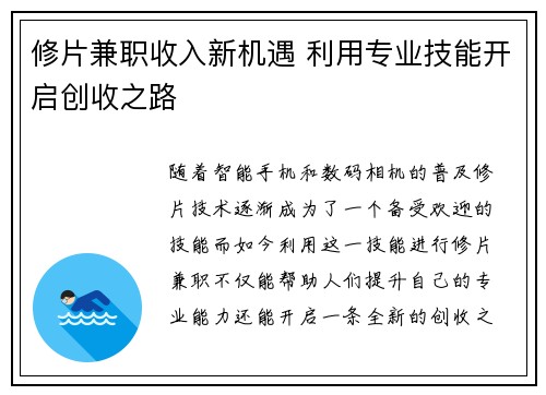 修片兼职收入新机遇 利用专业技能开启创收之路