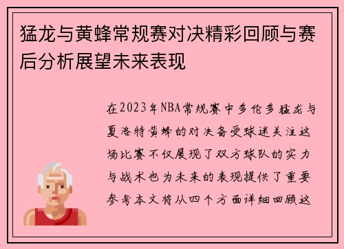 猛龙与黄蜂常规赛对决精彩回顾与赛后分析展望未来表现