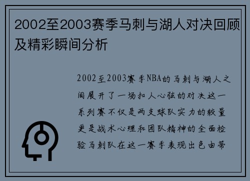 2002至2003赛季马刺与湖人对决回顾及精彩瞬间分析