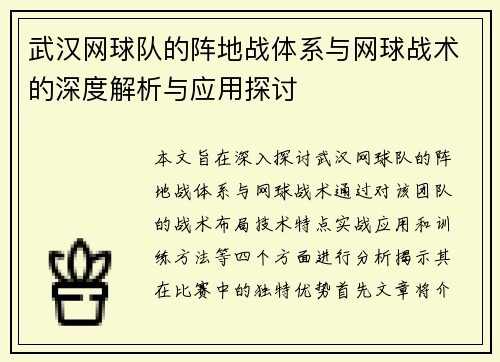 武汉网球队的阵地战体系与网球战术的深度解析与应用探讨