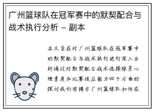 广州篮球队在冠军赛中的默契配合与战术执行分析 - 副本